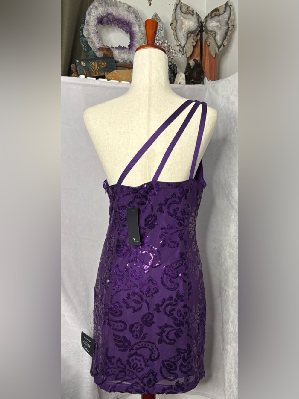 Lulus Purple Sequin One Shoulder Mini Dress XL Triple Strap NWT - Picture 6 of 16